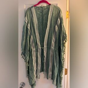 Easel Sage Green Open Front Kimono Tassels and Crochet Trim Boho Oversized